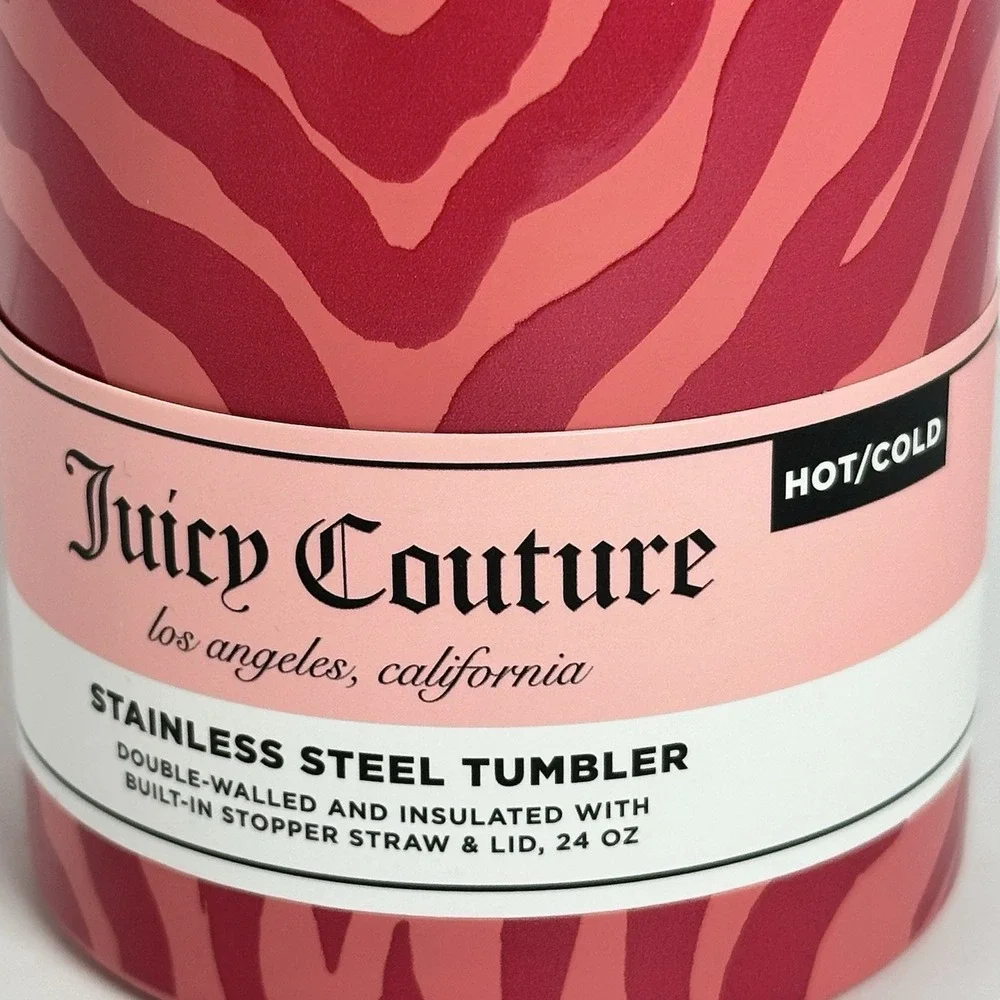 Juicy Couture Pink Zebra Print Stainless Steel Tumbler 24oz Heart Straw Cup